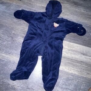 Vintage Carter’s Baby Fleece Bunting Snowsuit Navy Blue Bear Hood Footed 6-9M